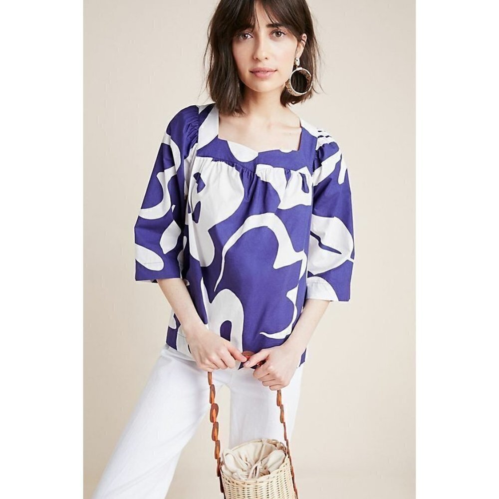 Anthropologie Marimekko Blue Flower Blouse Top Size 34 XS NEW